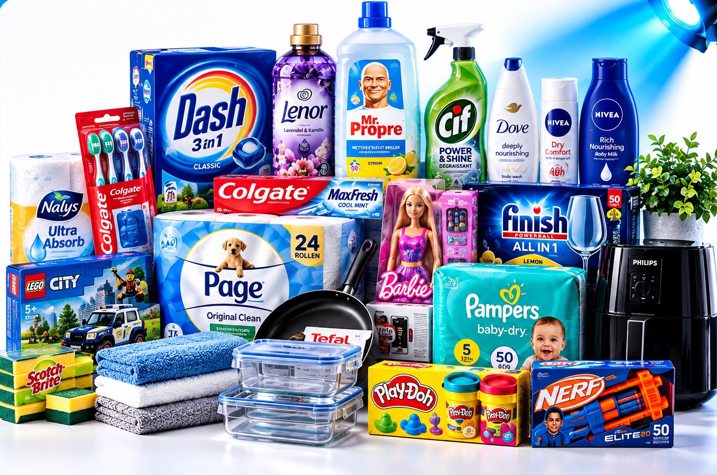 Assortiment huishoud-, verzorgings- en speelgoedartikelen